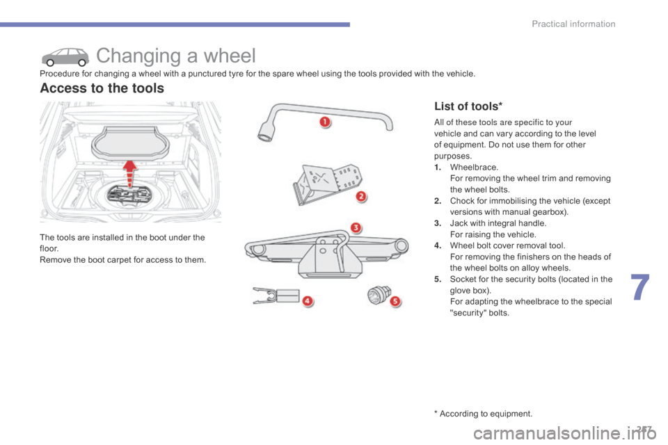 Citroen C4 PICASSO 2015 2.G Owners Manual 257
Changing a wheel
The tools are installed in the boot under the fl o o r.
Remove
  the   boot   carpet   for   access   to   them.
Access to the tools
List of tools*
Procedure fo