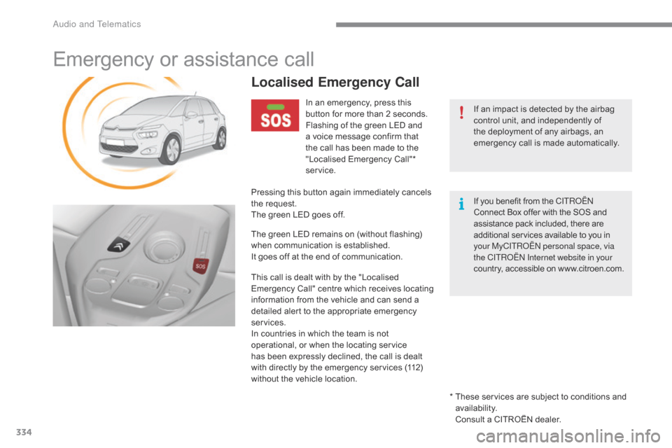 Citroen C4 PICASSO 2015 2.G Owners Manual 334
Emergency or assistance call
If an impact is detected by the airbag control   unit,   and   independently   of  
t

he   deployment   of   any   airbags,   an  
e

mergency 