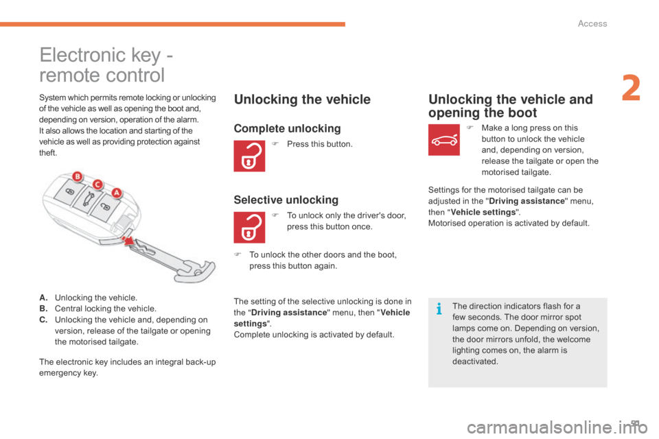 Citroen C4 PICASSO 2015 2.G Owners Manual 51
remote control Electronic  key   -  
System which permits remote locking or unlocking o
f   the   vehicle   as   well   as   opening   the   boot   and, d

epending   on   ve