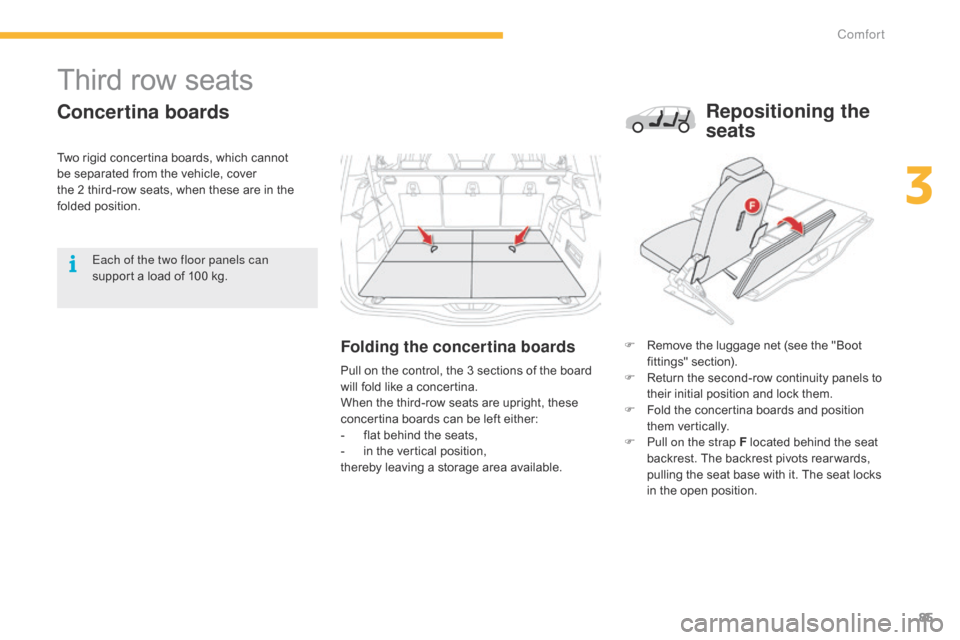 Citroen C4 PICASSO 2015 2.G Manual Online 85
Third row seats
Concertina boards
Folding the concertina boardsF Remove  the   luggage   net   (see   the   "Boot  f
ittings" se ction).
F
 
R
 eturn   the   second-row   continuity 