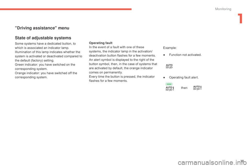 Citroen C4 PICASSO RHD 2015 1.G User Guide 13
State of adjustable systems
Some systems have a dedicated button, to which   is   associated   an   indicator   lamp.
Illumination
  of   this   lamp   indicates   whether   the �