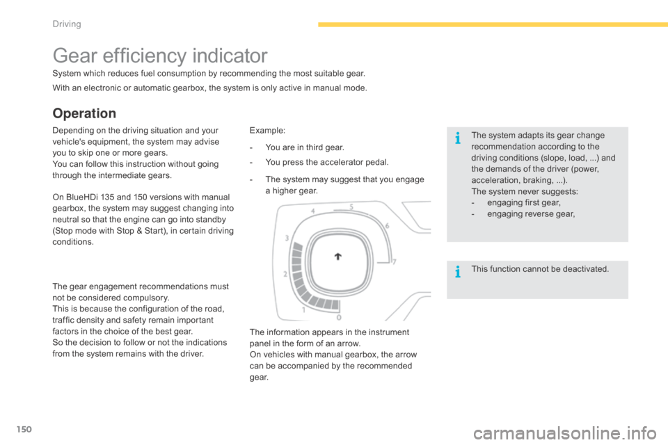 Citroen C4 PICASSO RHD 2015 1.G Owners Manual 150
Operation
Gear efficiency indicator
System which reduces fuel consumption by recommending the most suitable gear.
T he   system   adapts   its   gear   change  
r

ecommendation 