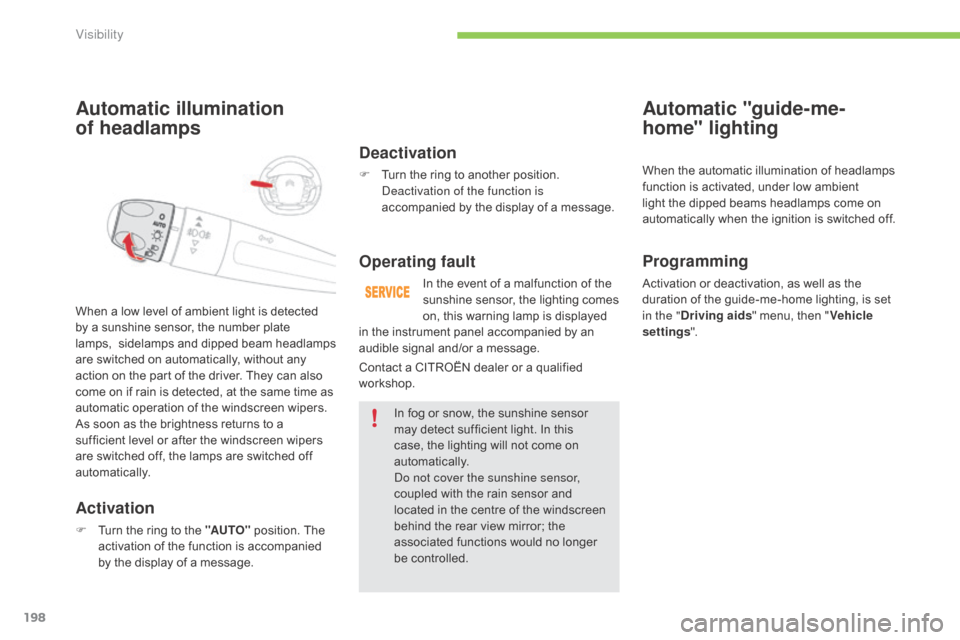 Citroen C4 PICASSO RHD 2015 1.G Owners Manual 198
Automatic illumination  
of headlamps
Activation
F Turn  the   ring   to   the   "AUTO"  position.   The  a
ctivation   of   the   function   is   accompanied  
b

y   the   displ