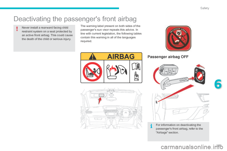 Citroen C4 PICASSO RHD 2015 1.G Owners Manual 235
Deactivating the passengers front airbag
Passenger airbag OFF
For information on deactivating the passengers front airbag, refer to the
"
Airbags" section.
Never
Citroen C4 PICASSO RHD 2015 1.G Owners Manual 235
Deactivating the passengers front airbag
Passenger airbag OFF
For information on deactivating the passengers front airbag, refer to the
"
Airbags" section.
Never