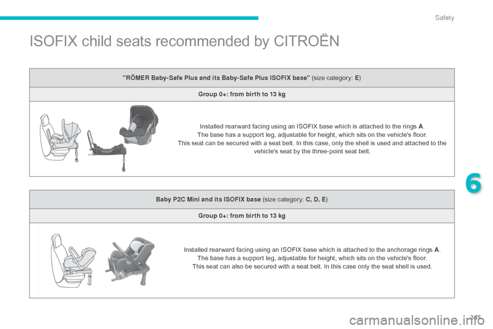 Citroen C4 PICASSO RHD 2015 1.G Owners Manual 245
ISOFIX child seats recommended by CITROËN
"RÖMER Baby- Safe Plus and its Baby- Safe Plus ISOFIX base" (size category: E)
G roup 0+: from bir th to 13 kg
Installed
 rear ward  facing Citroen C4 PICASSO RHD 2015 1.G Owners Manual 245
ISOFIX child seats recommended by CITROËN
"RÖMER Baby- Safe Plus and its Baby- Safe Plus ISOFIX base" (size category: E)
G roup 0+: from bir th to 13 kg
Installed
 rear ward  facing