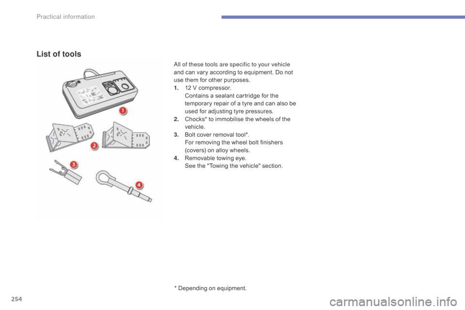 Citroen C4 PICASSO RHD 2015 1.G Owners Manual 254
List of tools
* Depending on equipment.
al
l of these tools are specific to your vehicle 
and   can   vary   according   to   equipment.   Do   not  
u

se   them   for   other   pu