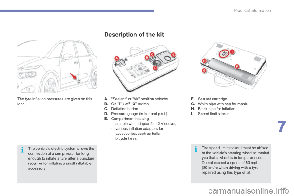 Citroen C4 PICASSO RHD 2015 1.G Owners Manual 255
A. "Sealant"  or   "Air"   position   selector.
B. on  "
I"  /   off   "O" s witch.
C.
 D

eflation   button.
D.
 P

ressure   gauge   (in   bar   and   p.s.i.).
E.
 C

ompartmen