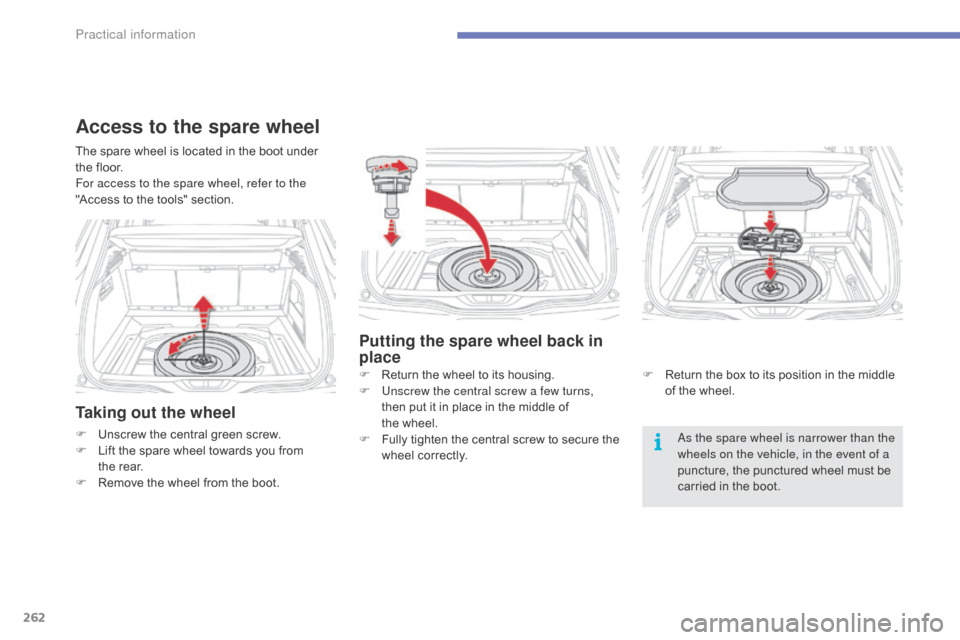 Citroen C4 PICASSO RHD 2015 1.G Owners Guide 262
Taking out the wheel
F Unscrew the  central  green  screw.
F  L ift  the  spare  wheel  towards  you  from Â
t
he rear.
F
Â
R
emove  the  wheel  from  the  boo Citroen C4 PICASSO RHD 2015 1.G Owners Guide 262
Taking out the wheel
F Unscrew the  central  green  screw.
F  L ift  the  spare  wheel  towards  you  from Â
t
he rear.
F
Â
R
emove  the  wheel  from  the  boo