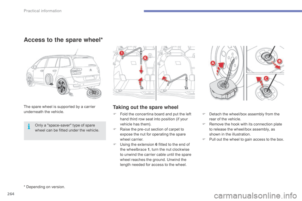 Citroen C4 PICASSO RHD 2015 1.G Owners Manual 264
* Depending on version.
Taking out the spare wheelThe spare wheel is supported by a carrier underneath t he v ehicle.
Access to the spare wheel*
F Detach the  wheel/box  assemb Citroen C4 PICASSO RHD 2015 1.G Owners Manual 264
* Depending on version.
Taking out the spare wheelThe spare wheel is supported by a carrier underneath t he v ehicle.
Access to the spare wheel*
F Detach the  wheel/box  assemb