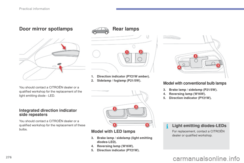 Citroen C4 PICASSO RHD 2015 1.G Owners Manual 276
You should contact a CITROËN dealer or a qualified   workshop   for   the   replacement   of   the  
l

ight   emitting   diode   -   LED.
Door mirror spotlamps
Integrated dire