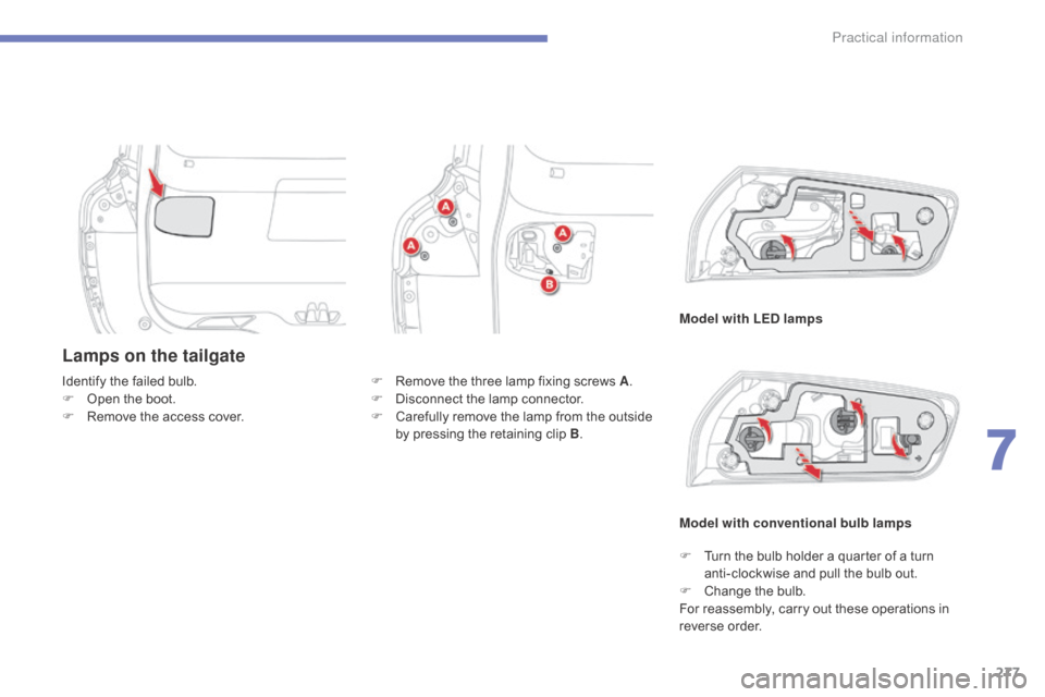 Citroen C4 PICASSO RHD 2015 1.G Owners Manual 277
Lamps on the tailgate
Model with LED lamps
Identify
 
the
 
failed
 
bulb.
F
 
O

pen
 
the
 
boot.
F
 
R

emove
 
the
 
access
 
cover.
Model with conventional bulb lamps
F
 
R

emove
