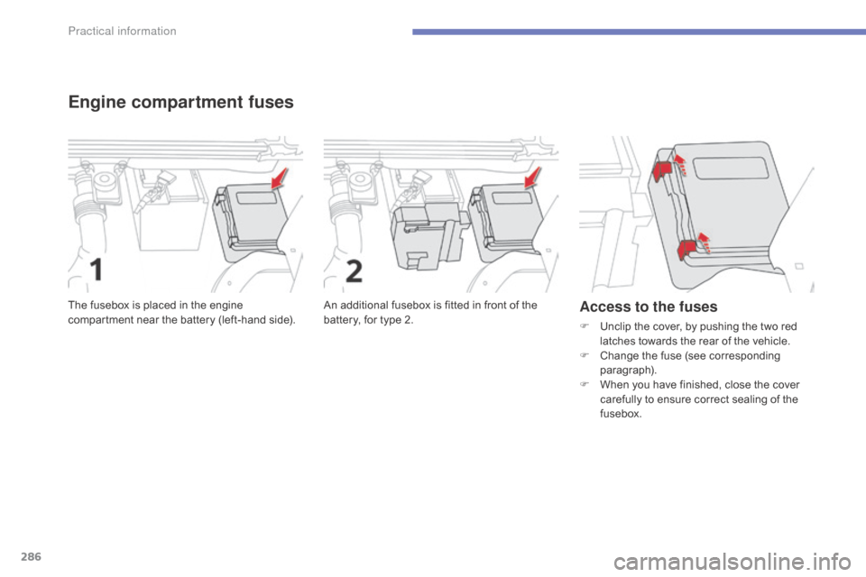 Citroen C4 PICASSO RHD 2015 1.G Owners Manual 286
Engine compartment fuses
An additional fusebox is fitted in front of the battery,   for   type   2.
The
 
fusebox
 
is
 
placed
 
in
 
the
 
engine
 c
ompartment
 
near
 
the
