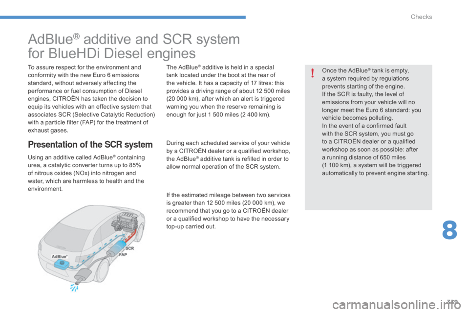 Citroen C4 PICASSO RHD 2015 1.G Owners Guide 319
AdBlue® additive and SCR system
f
or
 
BlueHDi   Diesel   engines
To assure respect for the environment and c
onformity   with   the   new   Euro   6   emissions  
s

tandard