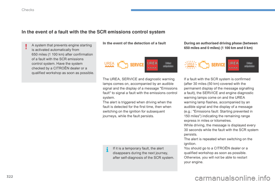 Citroen C4 PICASSO RHD 2015 1.G Owners Guide 322
In the event of a fault with the the SCR emissions control system
In the event of the detection of a fault
The  UREA,   SERVICE   and   diagnostic   warning  
l

amps   comes   on,   acco