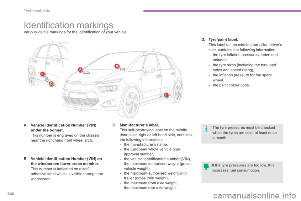 Citroen C4 PICASSO RHD 2015 1.G User Guide 340
Identification markingsVarious visible markings for the identification of your vehicle.
A.
V
ehicle Identification Number (VIN)
under the bonnet.
 T
his  number  is  engraved Citroen C4 PICASSO RHD 2015 1.G User Guide 340
Identification markingsVarious visible markings for the identification of your vehicle.
A.
V
ehicle Identification Number (VIN)
under the bonnet.
 T
his  number  is  engraved