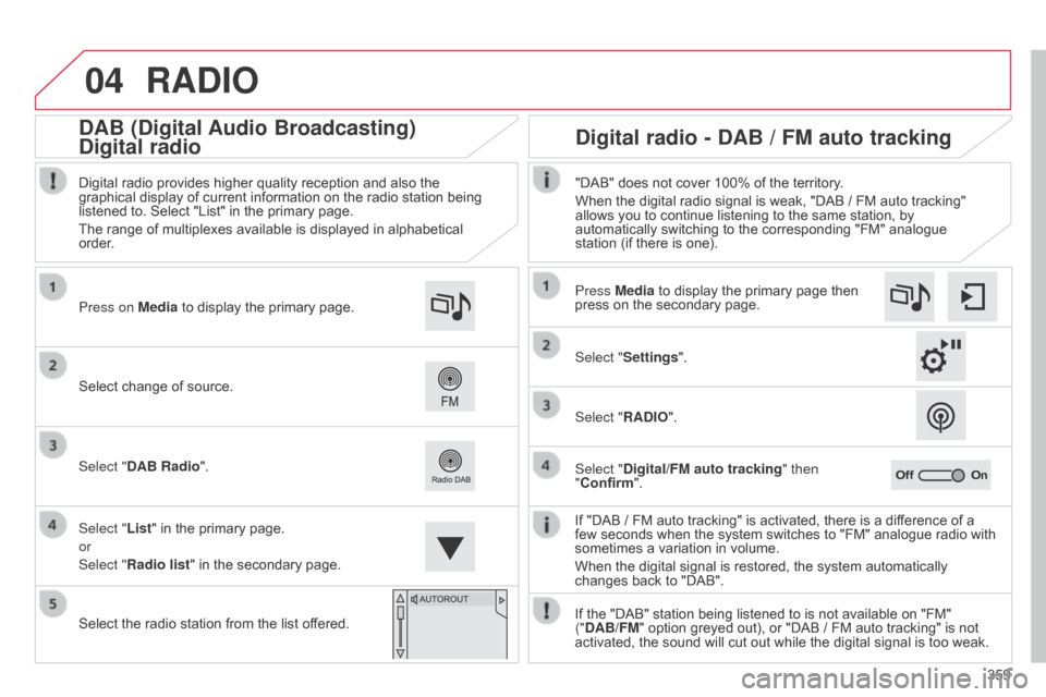 Citroen C4 PICASSO RHD 2015 1.G Workshop Manual 04
359
RADIO
If "DAB / FM auto tracking" is activated, there is a difference of a few seconds  when  the  system  switches  to  "FM"  analogue  radio  with Â
sometim Citroen C4 PICASSO RHD 2015 1.G Workshop Manual 04
359
RADIO
If "DAB / FM auto tracking" is activated, there is a difference of a few seconds  when  the  system  switches  to  "FM"  analogue  radio  with Â
sometim