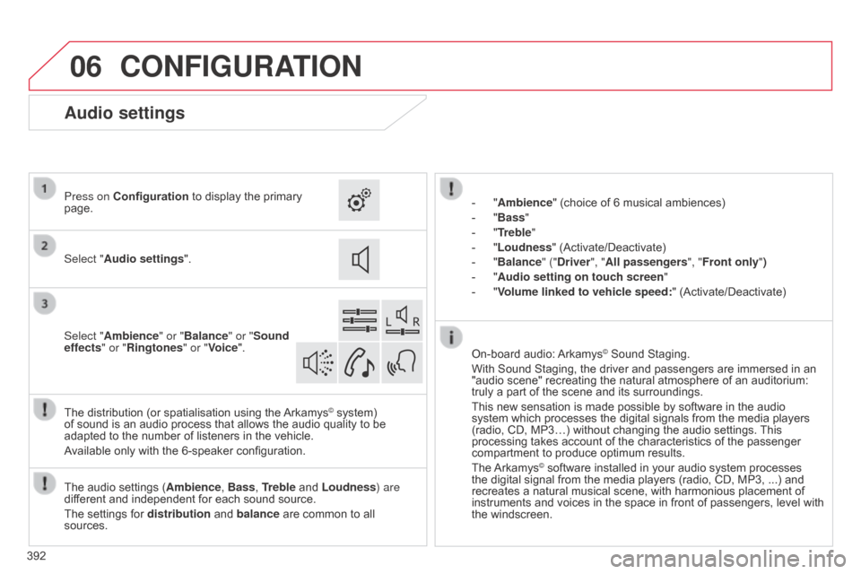 Citroen C4 PICASSO RHD 2015 1.G User Guide 06
392
CONFIGURATION
- "Ambience" (choice of 6 musical ambiences)
-
"
Bass "
-
"
Treble"
-
"
Loudness" (Activate/Deactivate)
-
"
Balance" ("Driver ", "All passengers Citroen C4 PICASSO RHD 2015 1.G User Guide 06
392
CONFIGURATION
- "Ambience" (choice of 6 musical ambiences)
-
"
Bass "
-
"
Treble"
-
"
Loudness" (Activate/Deactivate)
-
"
Balance" ("Driver ", "All passengers