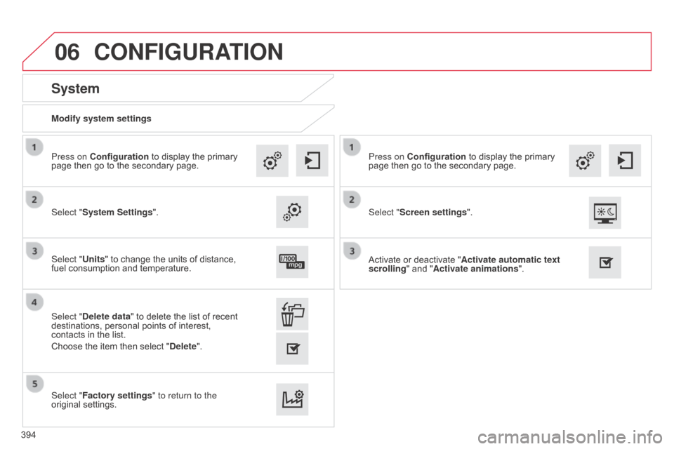 Citroen C4 PICASSO RHD 2015 1.G Owners Manual 06
Modify system settings
System
Select "System Settings". Press on Configuration
 
to   display   the   primary  
page

  then   go   to   the   secondary   page.
Select "Units"   to   c