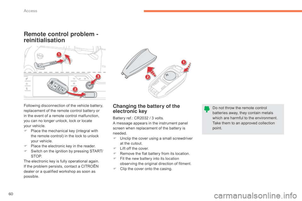 Citroen C4 PICASSO RHD 2015 1.G Owners Manual 60
Remote control problem - 
reinitialisation
Changing the battery of the 
electronic key
Battery ref.: CR2032 / 3 volts.
A   message   appears   in   the   instrument   panel  
s

creen �