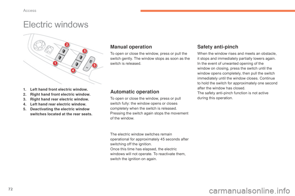 Citroen C4 PICASSO RHD 2015 1.G Owners Manual 72
Electric windows
Manual operation
To open or close the window, press or pull the switch   gently.   The   window   stops   as   soon   as   the  
s

witch   is   released.
Saf