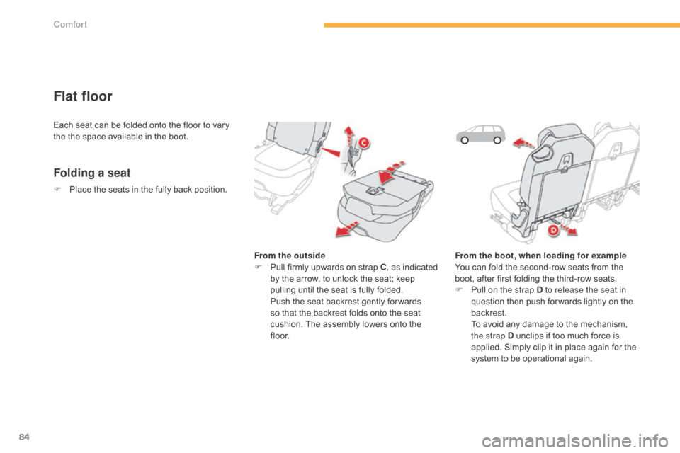 Citroen C4 PICASSO RHD 2015 1.G Owners Manual 84
Flat floor
Folding a seat
From the outside
F P ull   firmly   upwards   on   strap   C,
  as   indicated  
b

y   the   arrow,   to   unlock   the   seat;   keep  
p

ulling   unt