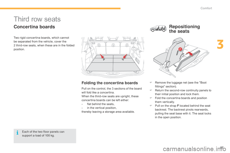 Citroen C4 PICASSO RHD 2015 1.G Owners Manual 87
Third row seats
Concertina boards
Folding the concertina boardsF Remove  the   luggage   net   (see   the   "Boot  f
ittings" se ction).
F
 
R
 eturn   the   second-row   continuity 