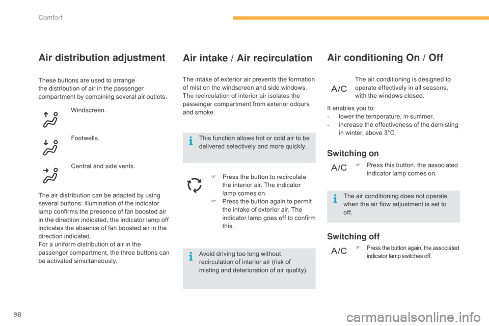 Citroen C4 PICASSO RHD 2015 1.G Owners Manual 98
Air intake / Air recirculation
The intake of exterior air prevents the formation of   mist   on   the   windscreen   and   side   windows.
The recirculation of interior air isolates 