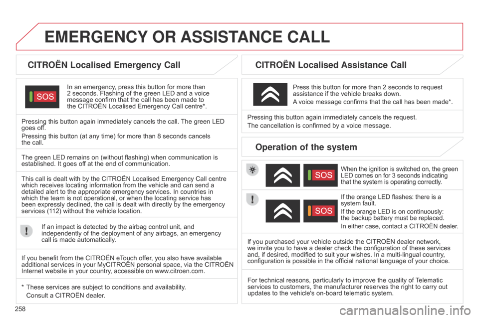 Citroen C5 RHD 2015 (RD/TD) / 2.G Owners Manual 258
EMERGENCY OR ASSIST ANCE CALL
CITROËN Localised Emergency Call
In an emergency, press this button for more than
2 seconds. Flashing of the green LED and a voice
message confirm that the cal Citroen C5 RHD 2015 (RD/TD) / 2.G Owners Manual 258
EMERGENCY OR ASSIST ANCE CALL
CITROËN Localised Emergency Call
In an emergency, press this button for more than
2 seconds. Flashing of the green LED and a voice
message confirm that the cal
