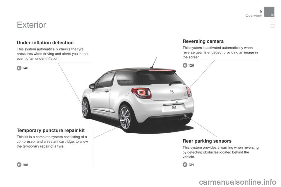 Citroen DS3 2015 1.G Owners Manual 9
DS3_en_Chap00b_vue-ensemble_ed01-2015
Under-inflation detection
This system automatically checks the tyre pressures   when   driving   and   alerts   you   in   the  
e

vent   of   