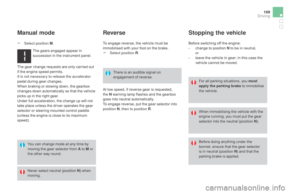 Citroen DS3 2015 1.G Owners Guide 109
DS3_en_Chap04_conduite_ed01-2015
The gear change requests are only carried out if the engine speed permits.
It is not necessary to release the accelerator
pedal
during g Citroen DS3 2015 1.G Owners Guide 109
DS3_en_Chap04_conduite_ed01-2015
The gear change requests are only carried out if the engine speed permits.
It is not necessary to release the accelerator
pedal
during g