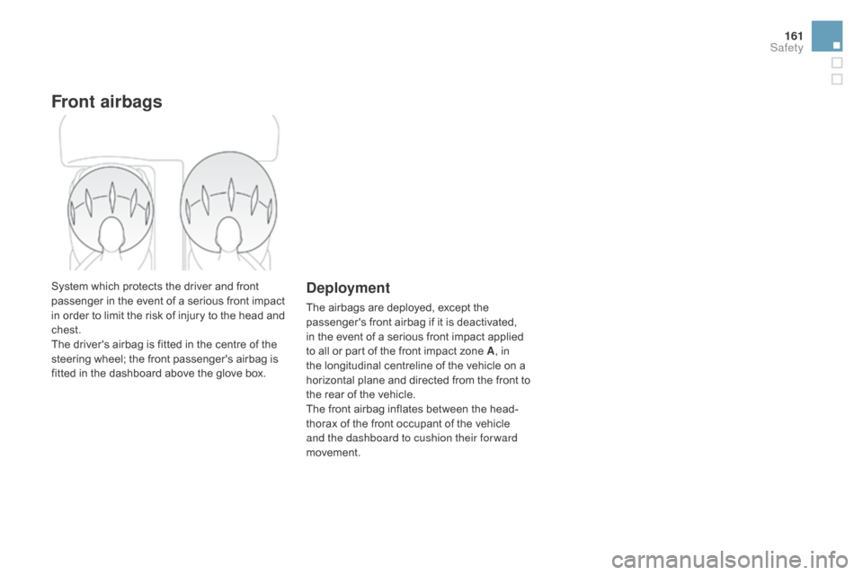 Citroen DS3 2015 1.G Owners Manual 161
DS3_en_Chap06_securite_ed01-2015
Front airbags
System which protects the driver and front passenger  in  the  event  of  a  serious  front  impact Â
i
n  order  to  Citroen DS3 2015 1.G Owners Manual 161
DS3_en_Chap06_securite_ed01-2015
Front airbags
System which protects the driver and front passenger  in  the  event  of  a  serious  front  impact Â
i
n  order  to Â