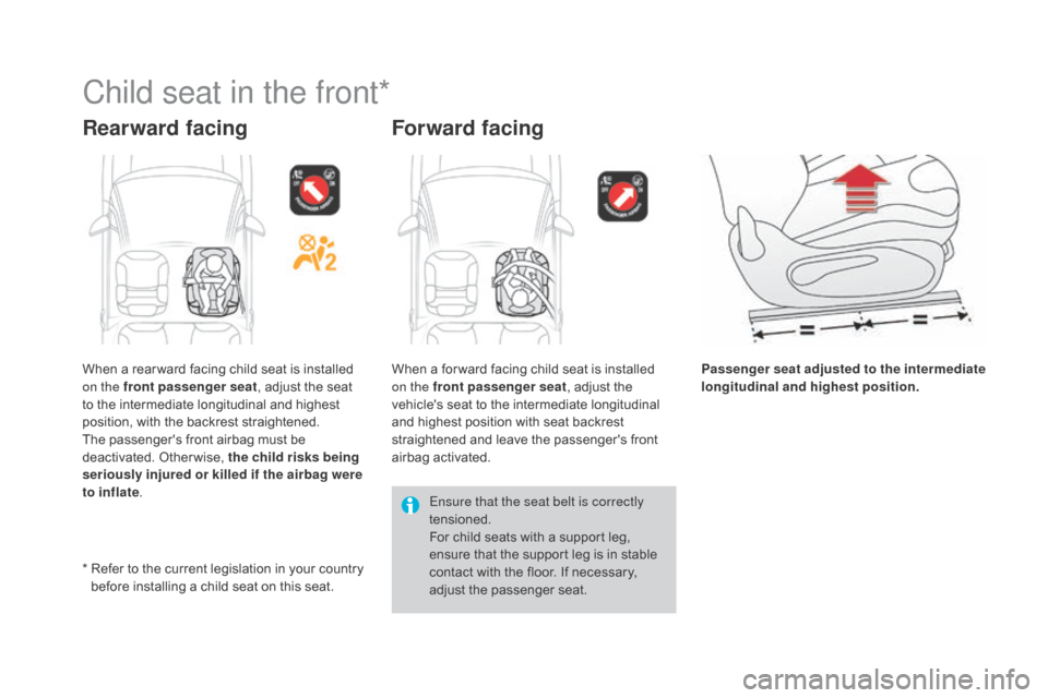 Citroen DS3 2015 1.G Owners Manual DS3_en_Chap07_securite-enfants_ed01-2015
Child seat in the front*
Rearward facingForward facing
Passenger seat adjusted to the intermediate 
longitudinal and highest position.
*
  
R
efer
 
to
 
 Citroen DS3 2015 1.G Owners Manual DS3_en_Chap07_securite-enfants_ed01-2015
Child seat in the front*
Rearward facingForward facing
Passenger seat adjusted to the intermediate 
longitudinal and highest position.
*
  
R
efer
 
to