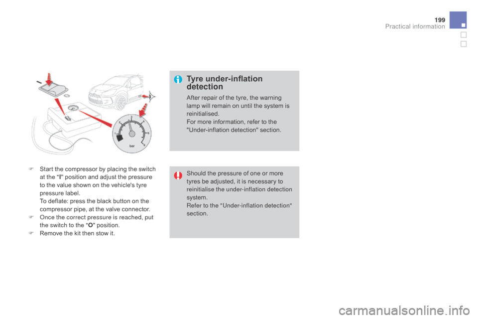 Citroen DS3 2015 1.G Owners Manual 199
DS3_en_Chap08_info-pratiques_ed01-2015
F Start  the   compressor   by   placing   the   switch  a
t the " I"
  position   and   adjust   the   pressure  
t

o   the   value   show