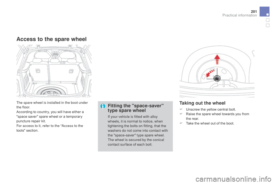 Citroen DS3 2015 1.G Owners Manual 201
DS3_en_Chap08_info-pratiques_ed01-2015
The spare wheel is installed in the boot under 
the  floor.
According
  to   country,   you   will   have   either   a  
"

space   saver"   spare