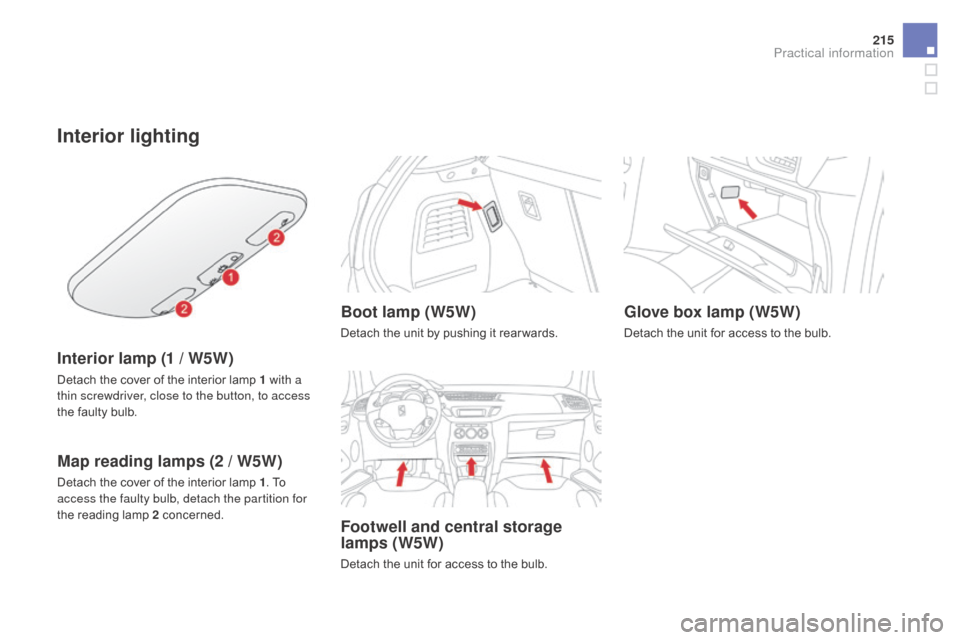 Citroen DS3 2015 1.G Owners Manual 215
DS3_en_Chap08_info-pratiques_ed01-2015
Interior lighting
Interior lamp (1 / W5W)
Detach the cover of the interior lamp 1 with a
t hin screwdriver, close to the button, to access
the
 fa Citroen DS3 2015 1.G Owners Manual 215
DS3_en_Chap08_info-pratiques_ed01-2015
Interior lighting
Interior lamp (1 / W5W)
Detach the cover of the interior lamp 1 with a
t hin screwdriver, close to the button, to access
the
 fa