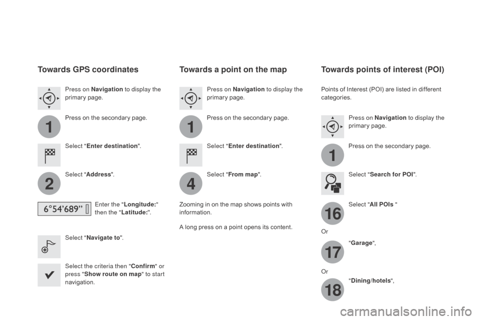 Citroen DS3 2015 1.G Owners Manual 11
1
16
17
18
42
DS3_en_Chap11c_SMEGplus_ed01-2015
Towards gPS coordinates
Select "Enter destination ".
Select " Address ".
Enter the " Longitude: " 
then the " Latitude: ".
Select "
n

avigate to ".

