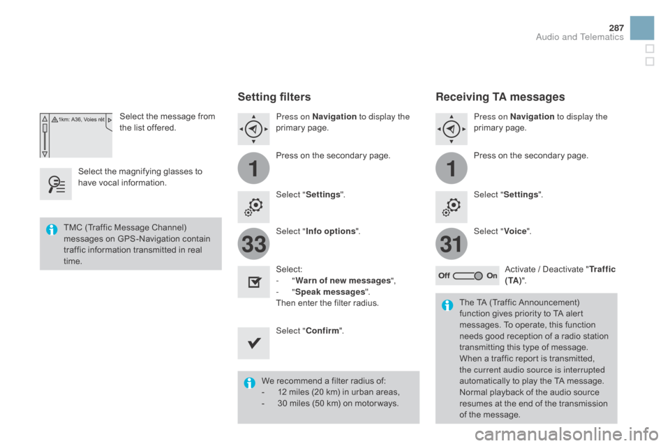 Citroen DS3 2015 1.G Owners Manual 11
3133
287
DS3_en_Chap11c_SMEGplus_ed01-2015
Select the message from the   list   offered.
Select
 
the
 
magnifying   glasses   to  
h

ave
 
vocal
  information.
Setting filters
Press 