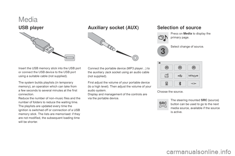 Citroen DS3 2015 1.G Owners Manual 3
DS3_en_Chap11c_SMEGplus_ed01-2015
Media
USB playerSelection of source
The steering mounted SRC (source)  b
utton   can   be   used   to   go   to   the   next  
m

edia   source,   a