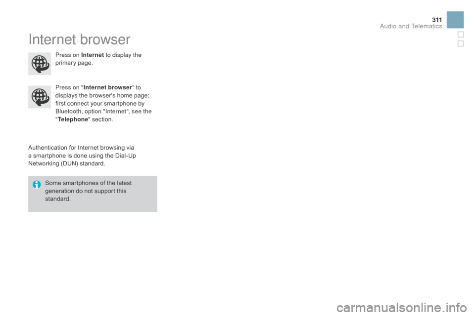Citroen DS3 2015 1.G Repair Manual 3 11
DS3_en_Chap11c_SMEGplus_ed01-2015
Internet browser
Authentication for Internet browsing via a smartphone is done using the Dial-Up
N
etworking (DUN) standard.
Pres Citroen DS3 2015 1.G Repair Manual 3 11
DS3_en_Chap11c_SMEGplus_ed01-2015
Internet browser
Authentication for Internet browsing via a smartphone is done using the Dial-Up
N
etworking (DUN) standard.
Pres