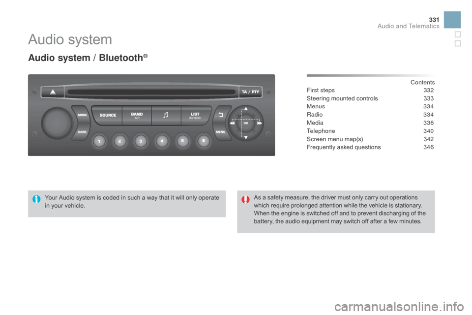 Citroen DS3 2015 1.G User Guide 331
DS3_en_Chap11d_RD45_ed01-2015
Audio system
Audio system / Bluetooth®
Contents
First steps 3 32
Steering
Â
mounted
Â
controls
Â
3
33
Menus
334
Radio
334
Media
336
Telephone
340
Scree Citroen DS3 2015 1.G User Guide 331
DS3_en_Chap11d_RD45_ed01-2015
Audio system
Audio system / Bluetooth®
Contents
First steps 3 32
Steering
Â
mounted
Â
controls
Â
3
33
Menus
334
Radio
334
Media
336
Telephone
340
Scree