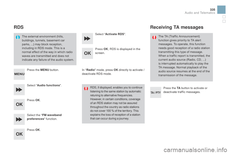 Citroen DS3 2015 1.G Owners Manual 335
DS3_en_Chap11d_RD45_ed01-2015
RdS
The external environment (hills, b
uildings,   tunnels,   basement   car  
p
arks, ...)   may   block   reception,  
i
ncluding   in   RDS   mod Citroen DS3 2015 1.G Owners Manual 335
DS3_en_Chap11d_RD45_ed01-2015
RdS
The external environment (hills, b
uildings,   tunnels,   basement   car  
p
arks, ...)   may   block   reception,  
i
ncluding   in   RDS   mod