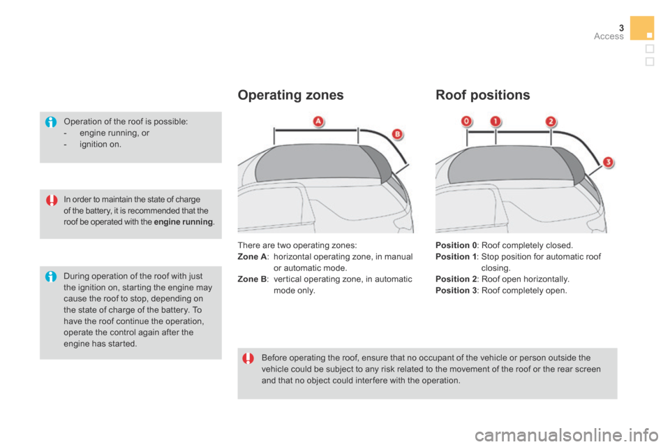 Citroen DS3 2015 1.G Owners Guide 3Access
  In order to maintain the state of charge of the battery, it is recommended that the roof be operated with the  engine running .  
  Operation of the roof is possible:    -   engine  running,