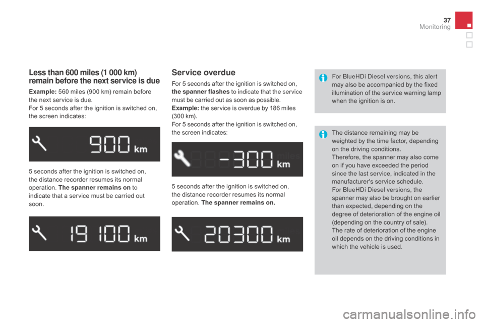 Citroen DS3 2015 1.G User Guide 37
DS3_en_Chap01_controle-de-marche_ed01-2015
Less than 600 miles (1 000 km)
remain before the next service is due
Example: 560  miles  (900  km)  remain  before  t
he  next  service Citroen DS3 2015 1.G User Guide 37
DS3_en_Chap01_controle-de-marche_ed01-2015
Less than 600 miles (1 000 km)
remain before the next service is due
Example: 560  miles  (900  km)  remain  before  t
he  next  service
