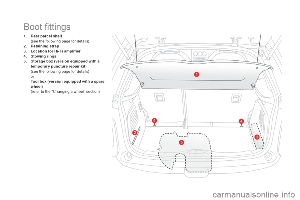Citroen DS3 2015 1.G Owners Manual DS3_en_Chap03_confort_ed01-2015
1. Rear parcel shelf  (
see   the   following   page   for   details)
2.
 R
etaining strap
3.
 L
ocation for Hi-Fi amplifier
4.
 S
towing rings
5.
 S
torage b Citroen DS3 2015 1.G Owners Manual DS3_en_Chap03_confort_ed01-2015
1. Rear parcel shelf  (
see   the   following   page   for   details)
2.
 R
etaining strap
3.
 L
ocation for Hi-Fi amplifier
4.
 S
towing rings
5.
 S
torage b