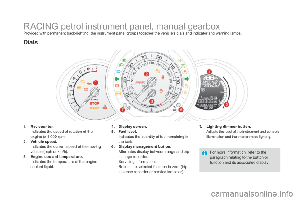 Citroen DS3 RHD 2015 1.G Owners Manual RACING petrol instrument panel, manual gearboxProvided with permanent back-lighting, the instrument panel groups together the vehicles dials and indicator and warning lamps.
1.
 