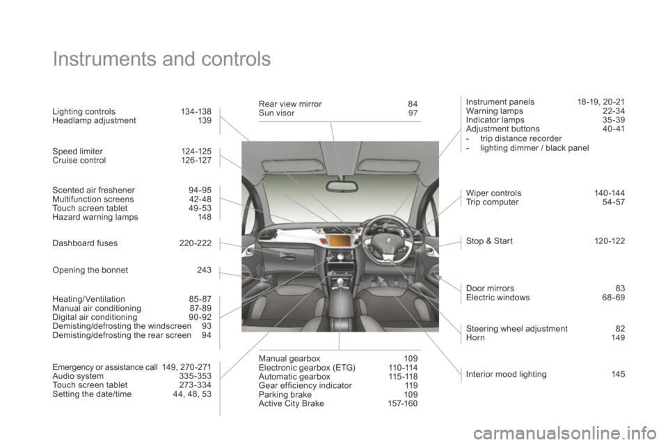 Citroen DS3 RHD 2015 1.G Owners Manual Instruments and controls
Instrument panels 18 -19,   20 -21
Warning lam ps 2 2-34
Indicator
  lamps  
3
 5 -39
Adjustment
  buttons  
4
 0 - 41
-
 
t
 rip   distance   recorder
-
 
l
 i