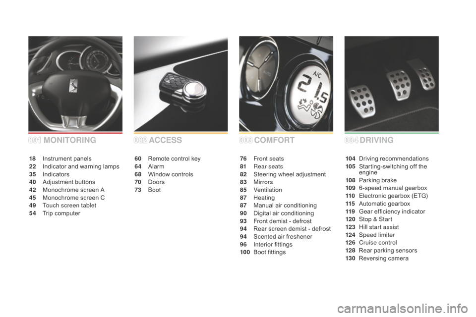 Citroen DS3 RHD 2015 1.G Owners Manual COMFORT
ACCESS
60 Remote   control   key
64 A larm
68
 W

indow   controls
70
 D

oors
73
 Boo

t 76 F
ront seats
81 R ear seats
82
 S

teering   wheel   adjustment
83
 

Mirrors
85
 

Venti