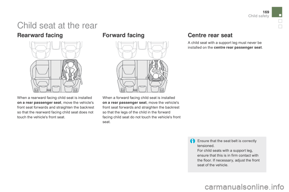 Citroen DS5 HYBRID4 2015 1.G Owners Manual 169
DS5_en_Chap06_securite-enfants_ed01-2015
Child seat at the rear
Rearward facing
When a rear ward facing child seat is installed 
on a rear passenger seat, move the vehicles 
front seat for wards 