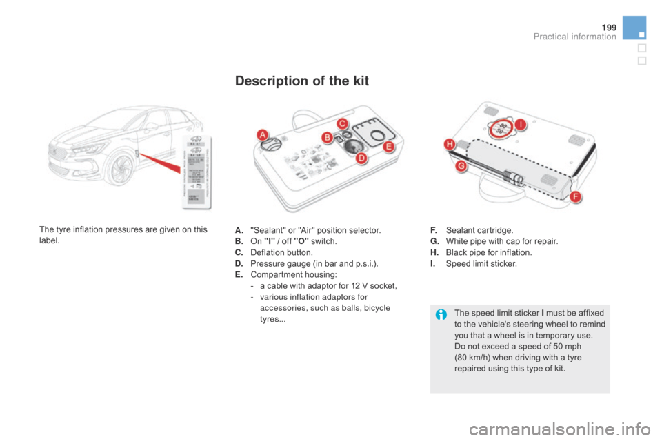 Citroen DS5 HYBRID4 2015 1.G Owners Manual 199
DS5_en_Chap08_info-pratiques_ed01-2015
A. "Sealant" or "Air" position selector.
B. On "I" / off "O"  switch.
c

.
 D
 eflation button.
d

.
 P
 ressure gauge (in bar and p.s.i.).
E.
 C

ompartment
