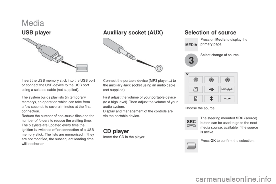 Citroen DS5 HYBRID4 2015 1.G Owners Manual 3
DS5_en_Chap11c_SMEGplus_ed01-2015
Media
USB playerSelection of source
The steering mounted SRc (source) 
button can be used to go to the next 
media source, available if the source 
is active.
Press